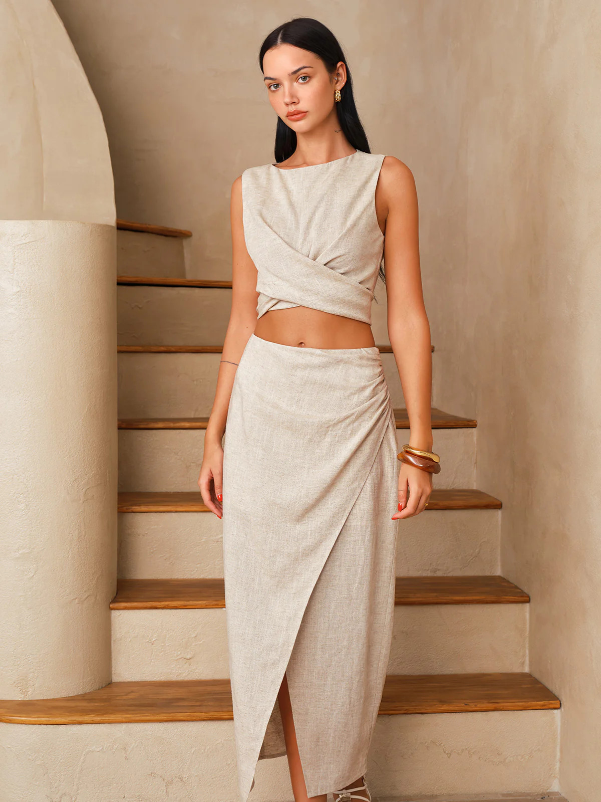 Linen-Blend Knot-Back Top & Wrap Skirt Set | Commense