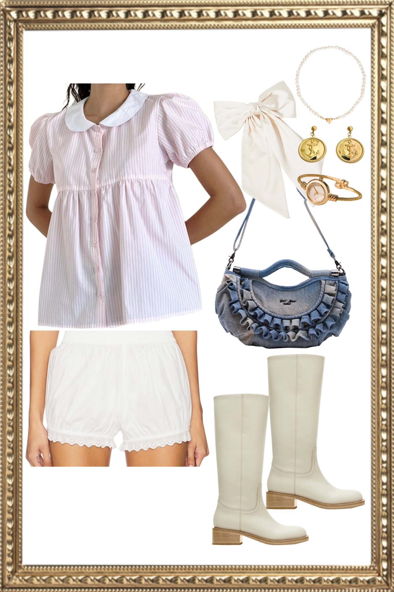 Dreamy everyday fun causal fit perfect for a fun outing or a party event with the girls. The cutest button up striped pink and white babydoll top paired with adorable white bloomer shorts for a cutesy vibe. Accessorized with ivory boots and gold and white accents that tie the look together  

#LTKStyleTip #LTKSeasonal #LTKFindsUnder50