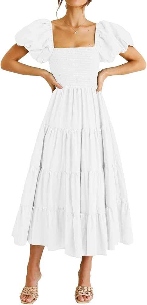 Murimia Women’s 2024 Summer Maxi Dress Square Neck Puff Sleeve Smocked Boho Beach Long Dresses | Amazon (US)