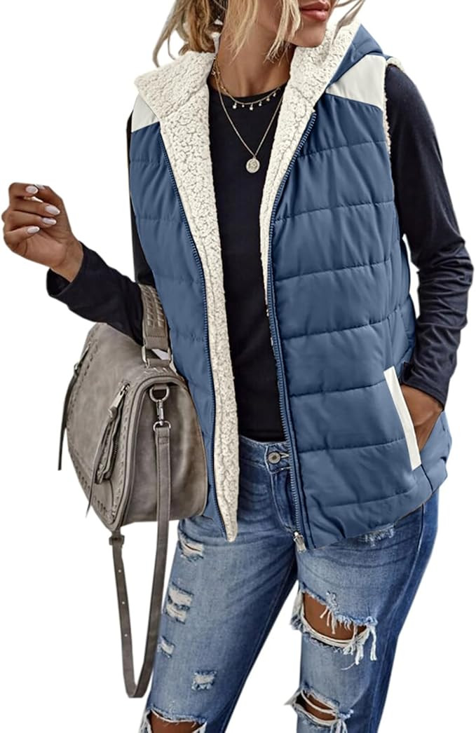 Womens Sherpa Fleece Full Zip Reversible Vest Warm Color Block Hoodie Outwear with Pocket | Amazon (US)
