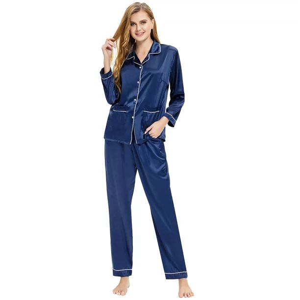 Aibrou Satin Pajamas Women’s Long Sleeve Sleepwear Silk Soft Button Down Loungewear Pjs Set S-X... | Walmart (US)