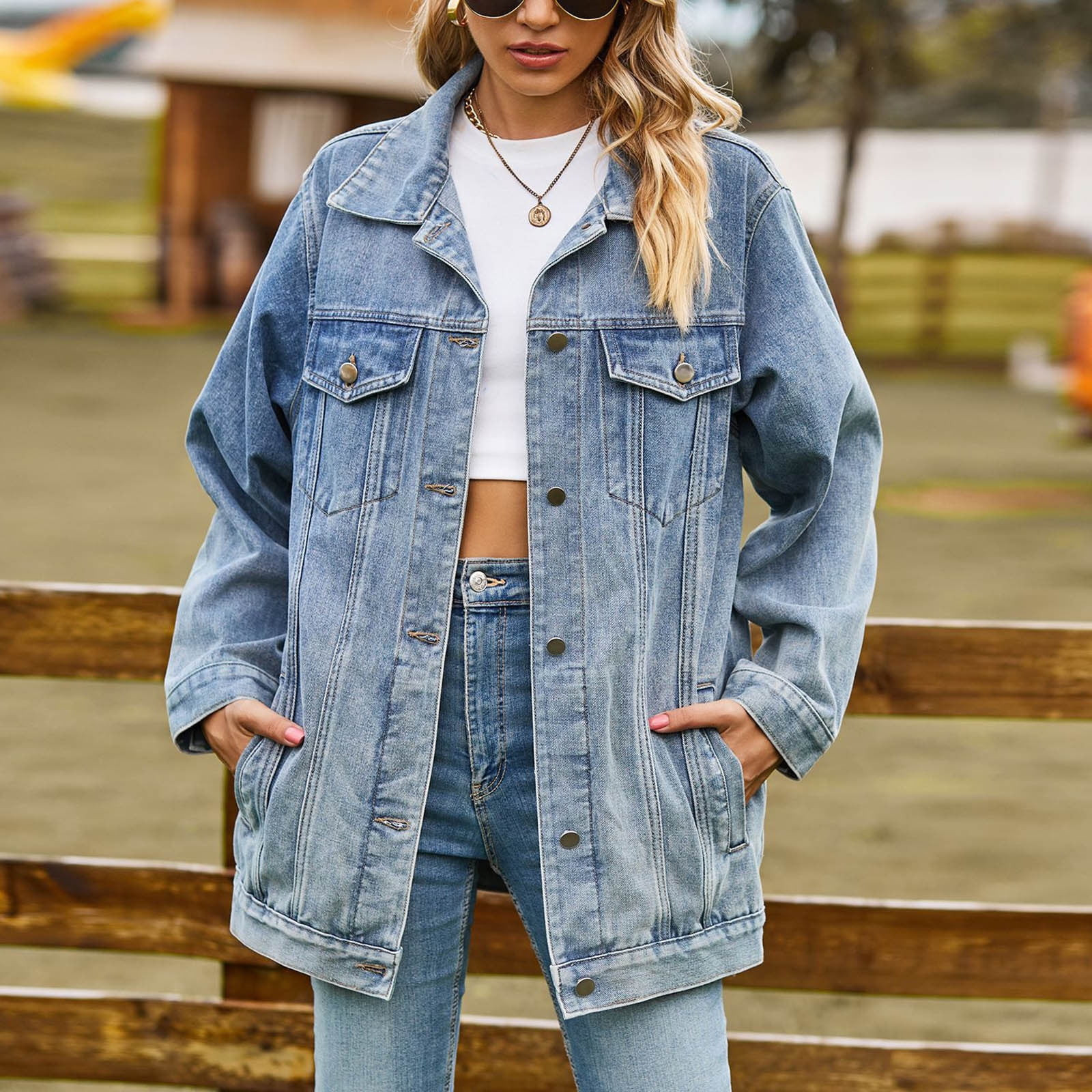 Miluxas Women's Oversized Denim Jacket Casual Long Boyfriend Distresse Jean Jacket Autumn Spring ... | Walmart (US)