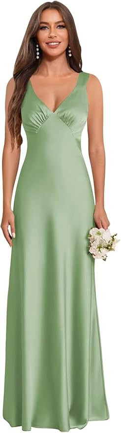 Satin Bridesmaid Dresses Long A Line V-Neck Pleated Formal Evening Gowns for Women | Amazon (US)