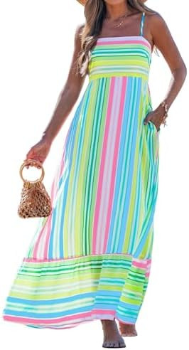 popvil Women Summer Maxi Dress 2026 Spaghetti Strap Long Beach Dress Boho A-Line Flowy Casual Sle... | Amazon (US)