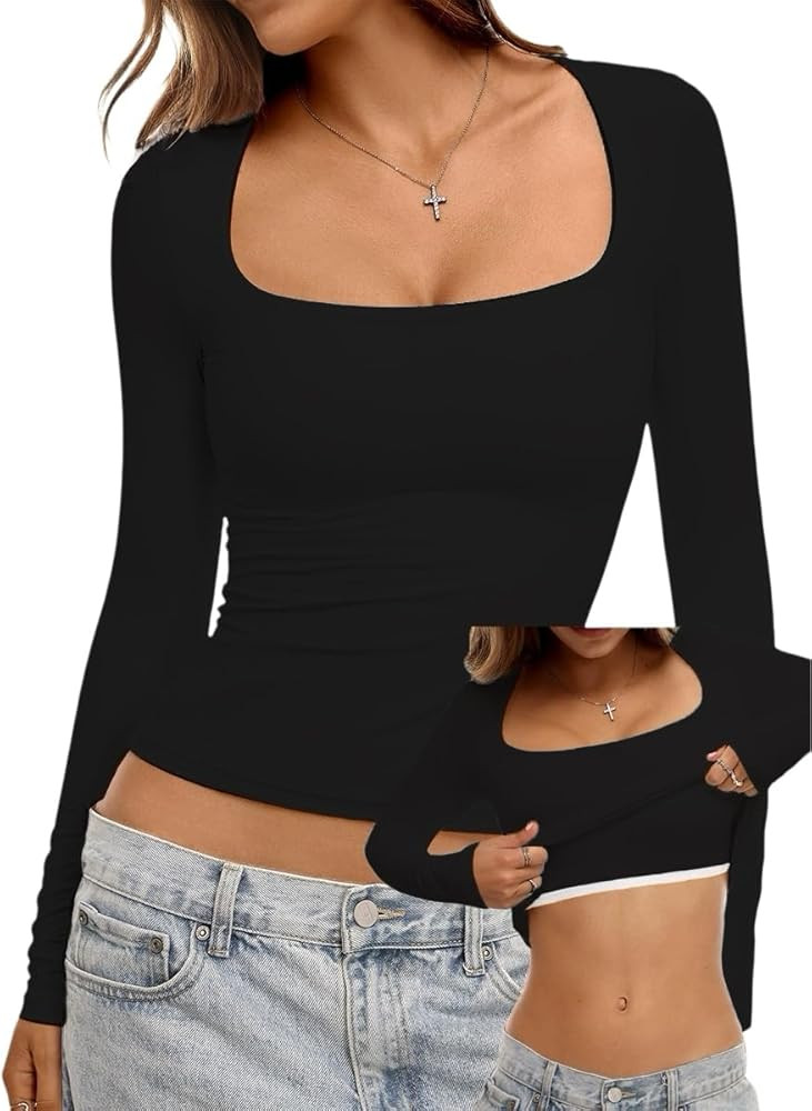 Danysu Double Lined Long Sleeve Tops with Built in Bra for Women Square Neck Nylon Basic Fitted F... | Amazon (US)