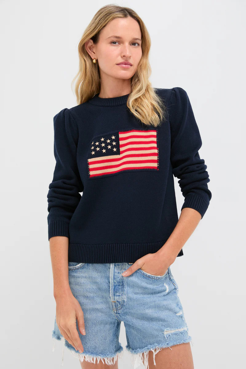 Navy Cropped Cotton Puff Sleeve Americana | Tuckernuck (US)