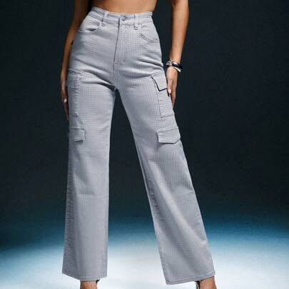 Women's Black Denim Rhinestone Flap Pocket Straight-Leg Jeans, Cargo Pants, For Going Out, Party, Country Concert Outfit, Rave Festival Outfit, Clubwe | SHEIN