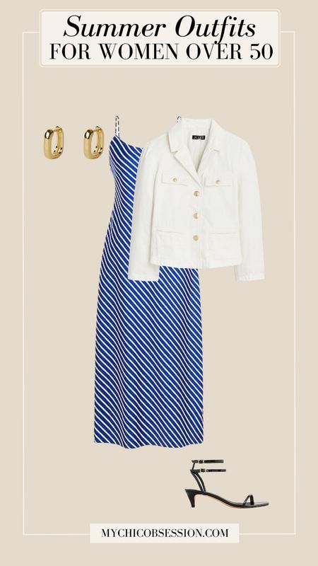 A blue and white slip dress is the perfect way to elevate a summer look. Add a white denim jacket in case it gets chilly later, and pair it with strappy kitten heels. Gold hoops complete the outfit.

#LTKstyletip #LTKover40 #LTKSeasonal