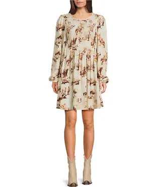 Wrangler® Retro® Western-Inspired Printed Long Sleeve Smocked Fit and Flare Dress | Dillard's | Dillard's