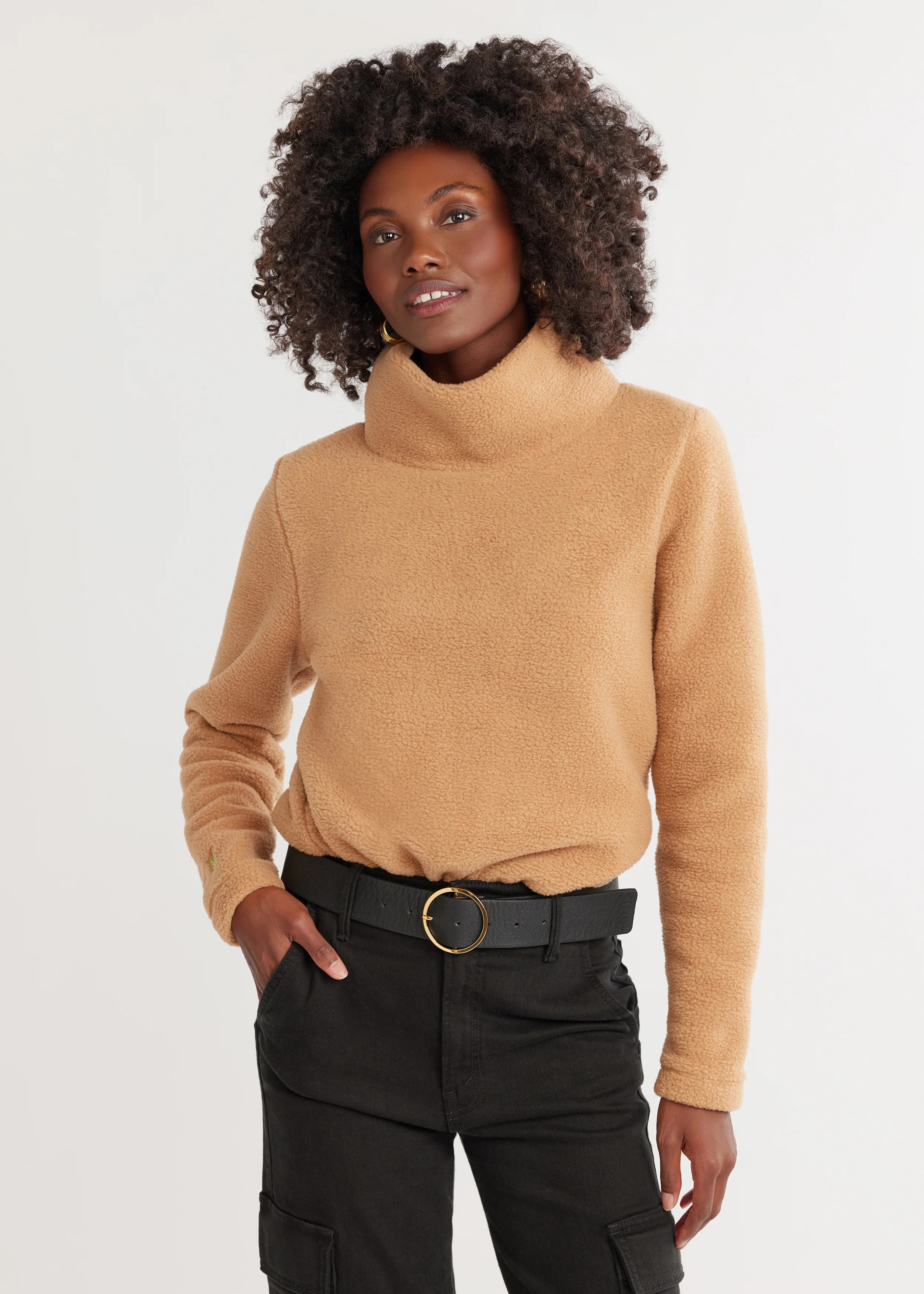 Greenpoint Turtleneck in Sherpa Fleece (Camel) | Dudley Stephens