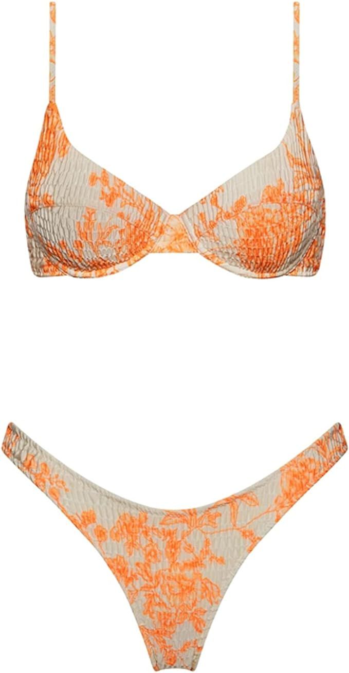 VOLAFA Women's Triangle Bikini Set Textured Frilled Smocked Ruched Push Up Swimsuit Two Piece Bat... | Amazon (US)