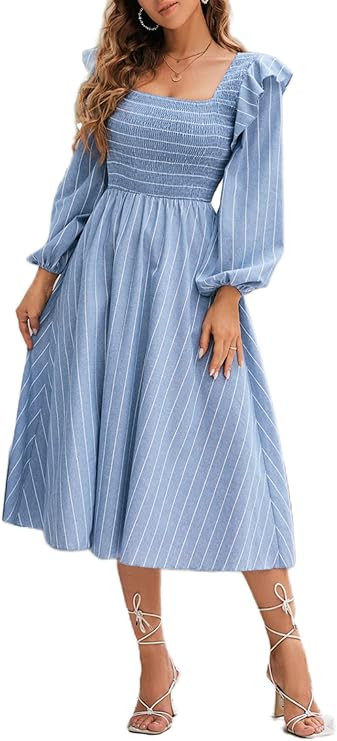 Miessial Women's Striped Linen Long Dress Elegant Ruffle Cap Sleeves Midi Dress | Amazon (US)