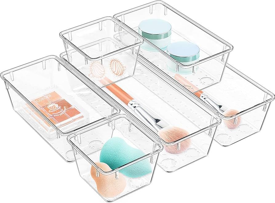 WOWBOX 6 Pack Clear Drawer Organizer Set, Acrylic Drawer Storage Trays, Storage Bins for Makeup, ... | Amazon (US)