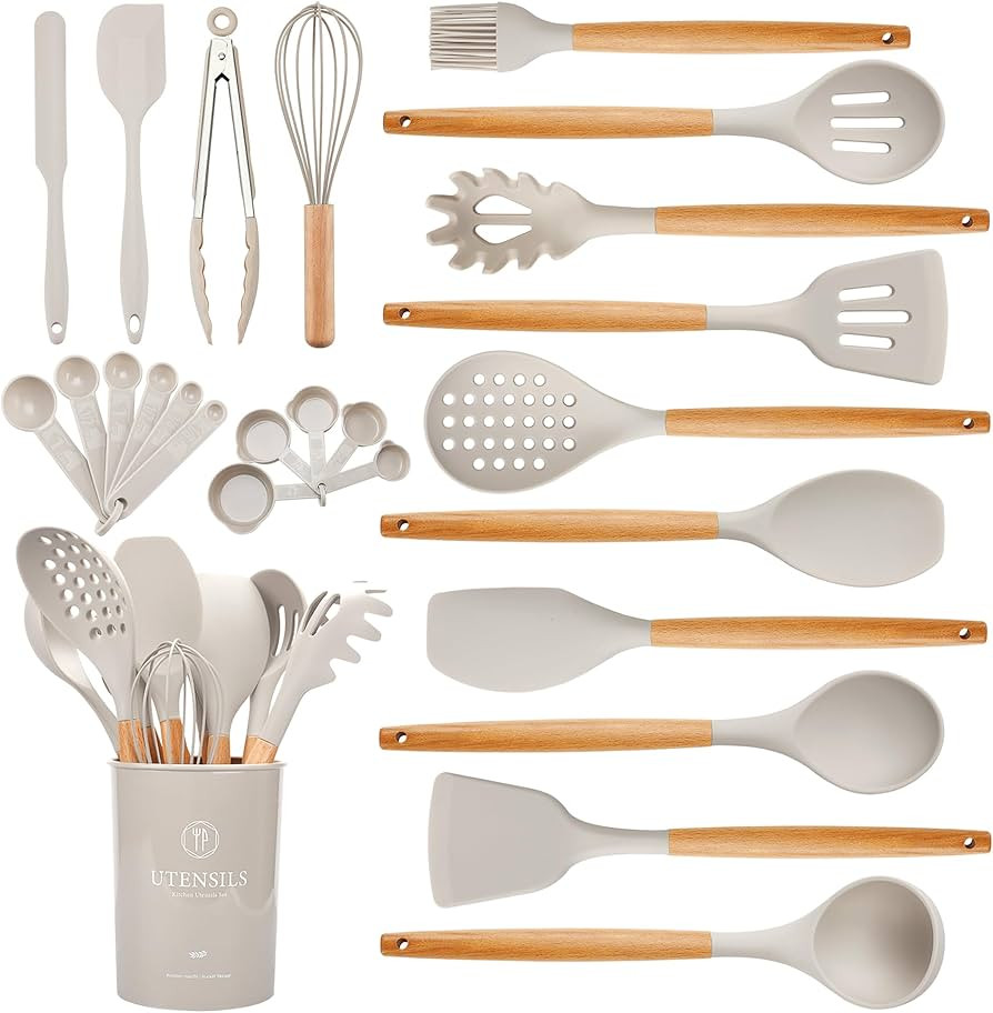 Kitchen Utensils Set with Wooden Handle, 26 Pieces Heat Resistance Silicone Cooking Utensils Set ... | Amazon (US)
