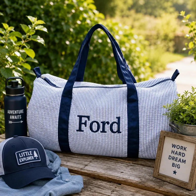 Personalized Seersucker Duffle Bag for Kids | Embroidered Boy Sailboat Bag | Custom Navy Overnigh... | Etsy (Global)