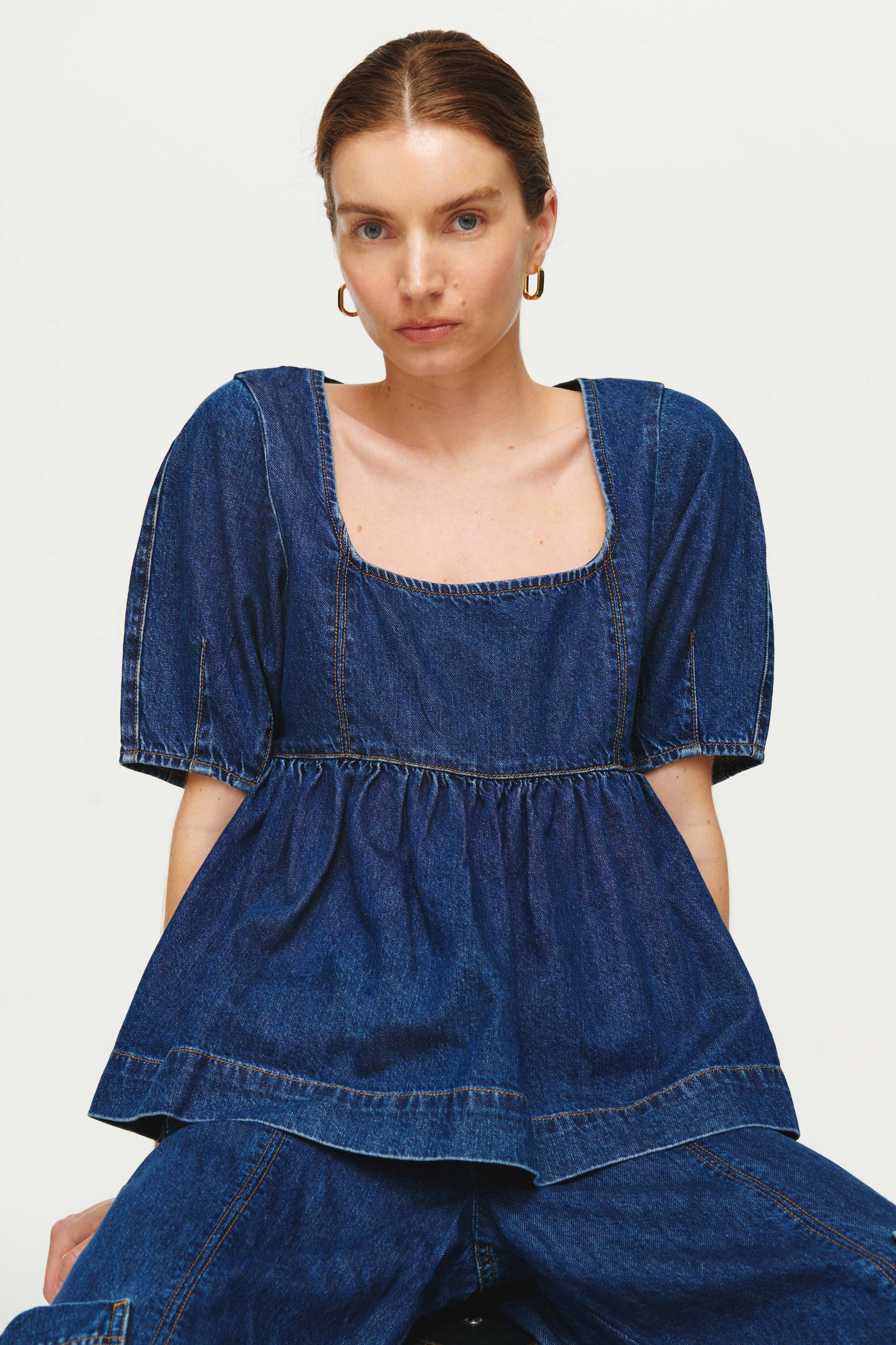 Aliana | Peplum Top in Mid Blue | ALIGNE | Aligne UK