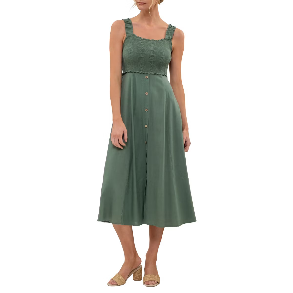 August Sky Women's Sleeveless Smocked Bodice Faux Button Down Skirt Midi Dress | Target