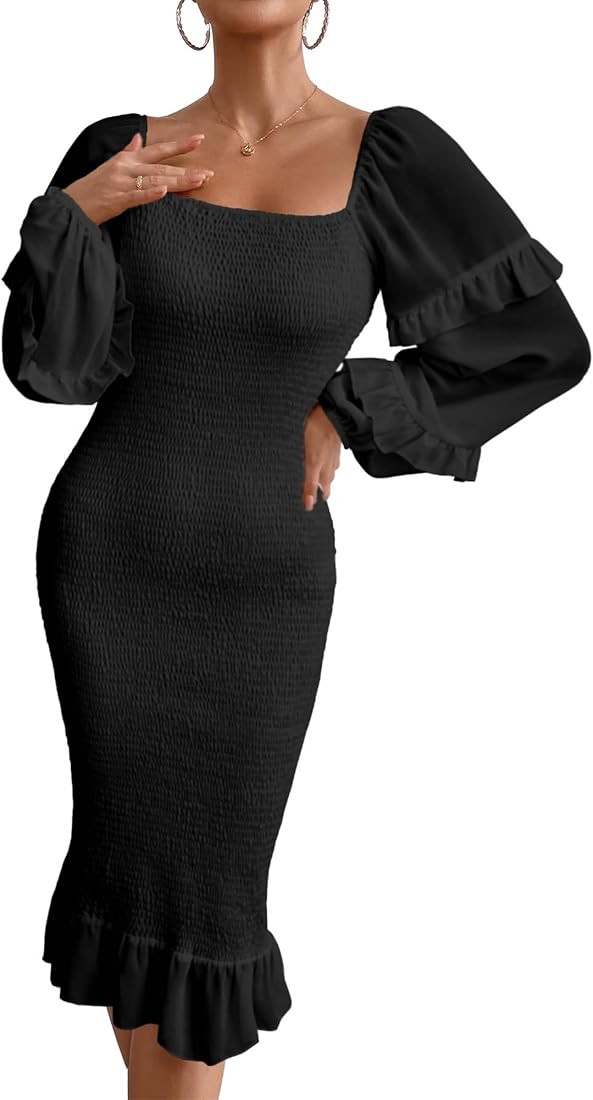 PRETTYGARDEN Women's Long Puff Sleeve Floral Midi Bodycon Dresses Square Neck Ruffle Mermaid Smocked | Amazon (US)