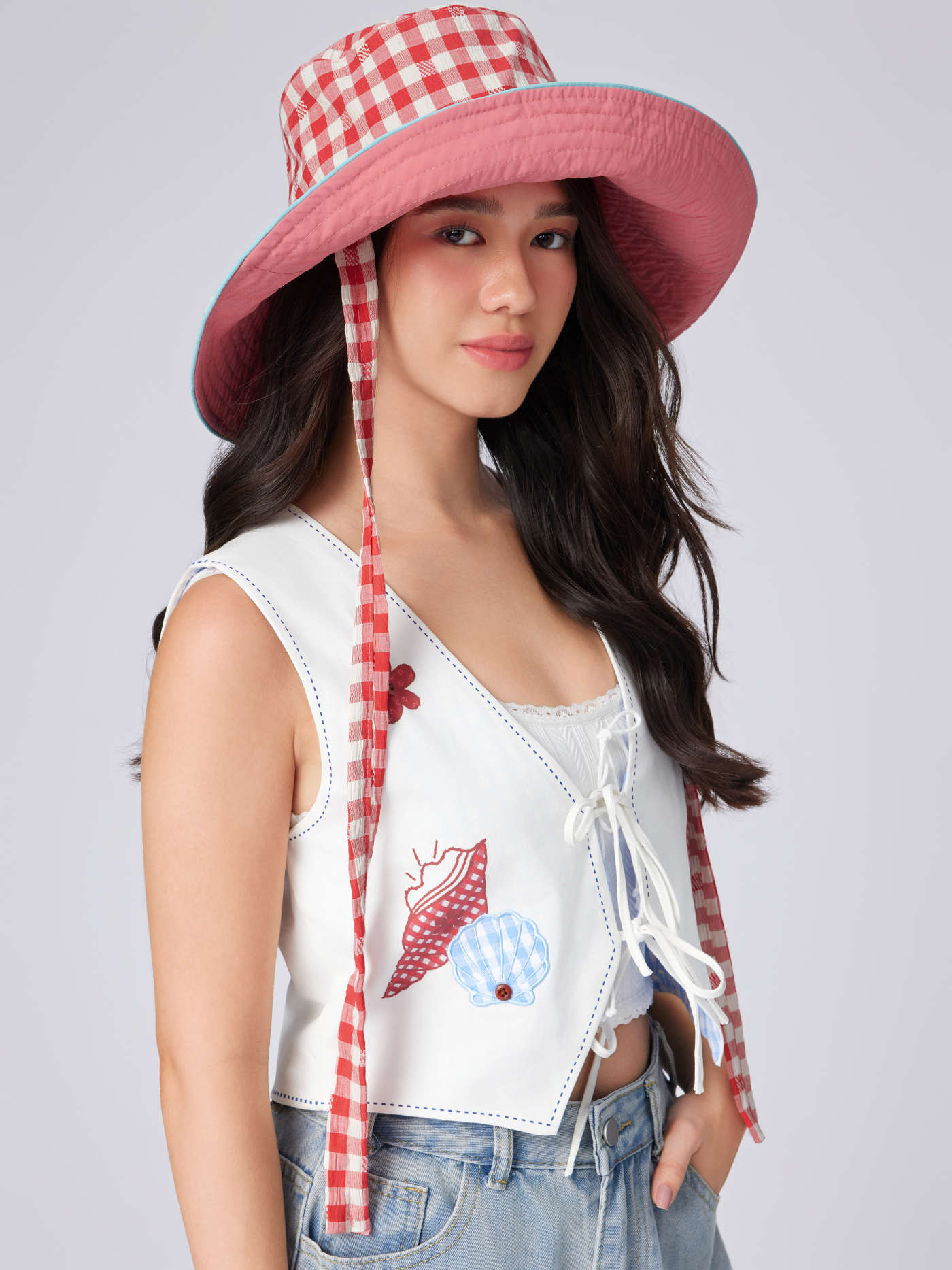 GINGHAM BUCKET HAT WITH STRAP | Cider