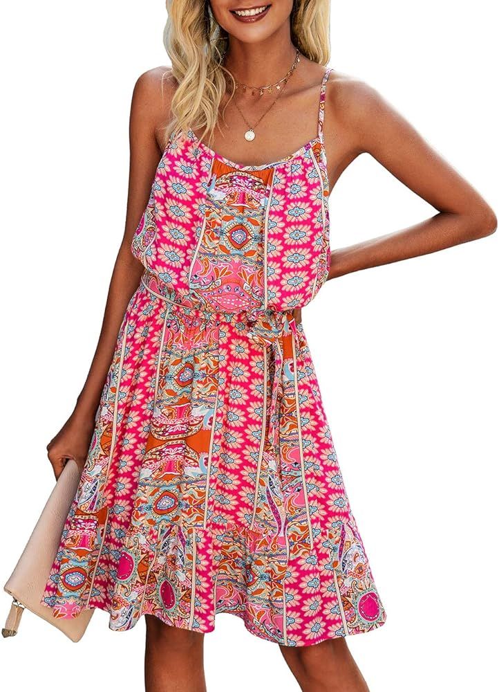 PRETTYGARDEN Women’s Summer Spaghetti Strap Dresses Floral Print Crewneck Sleeveless Ruffle Mini Sho | Amazon (US)