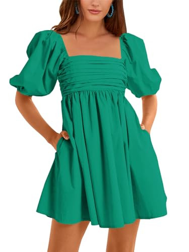 Ebifin Womens Square Neck Dresses Half Puff Sleeve High Waist A-Line Casual Backless Smocked Short Babydoll Mini Dress Blackish Green | Amazon (US)