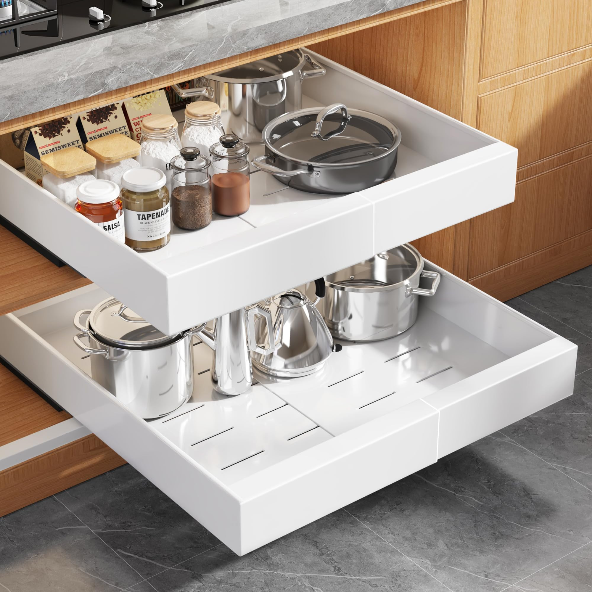 2Pack Expandable Pull Out Cabinet Organizer 21"Deep With Raising Pad for Framed Cabinets, Upgrade... | Amazon (US)