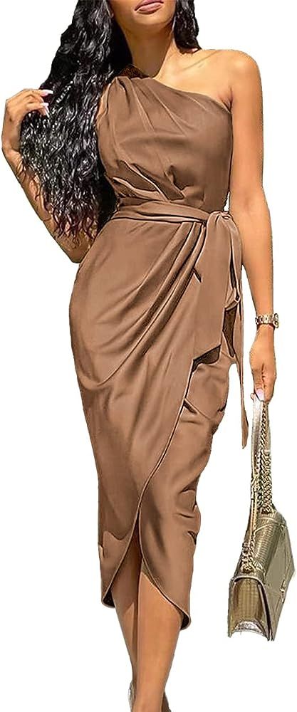 PRETTYGARDEN Women's 2023 Summer Ruched Bodycon Dress Sleeveless One Shoulder Wrap Satin Belted C... | Amazon (US)