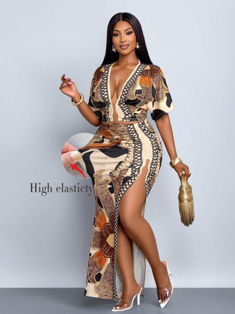 SOLERSUN Plus Size Women's Fashion Floral Positioning Print Metal Buckle Decoration Slit Hollow Lace Two Pieces Suit, Spring And Summer Suit Wear, Seaside Vacation Two Pieces Suit | SHEIN