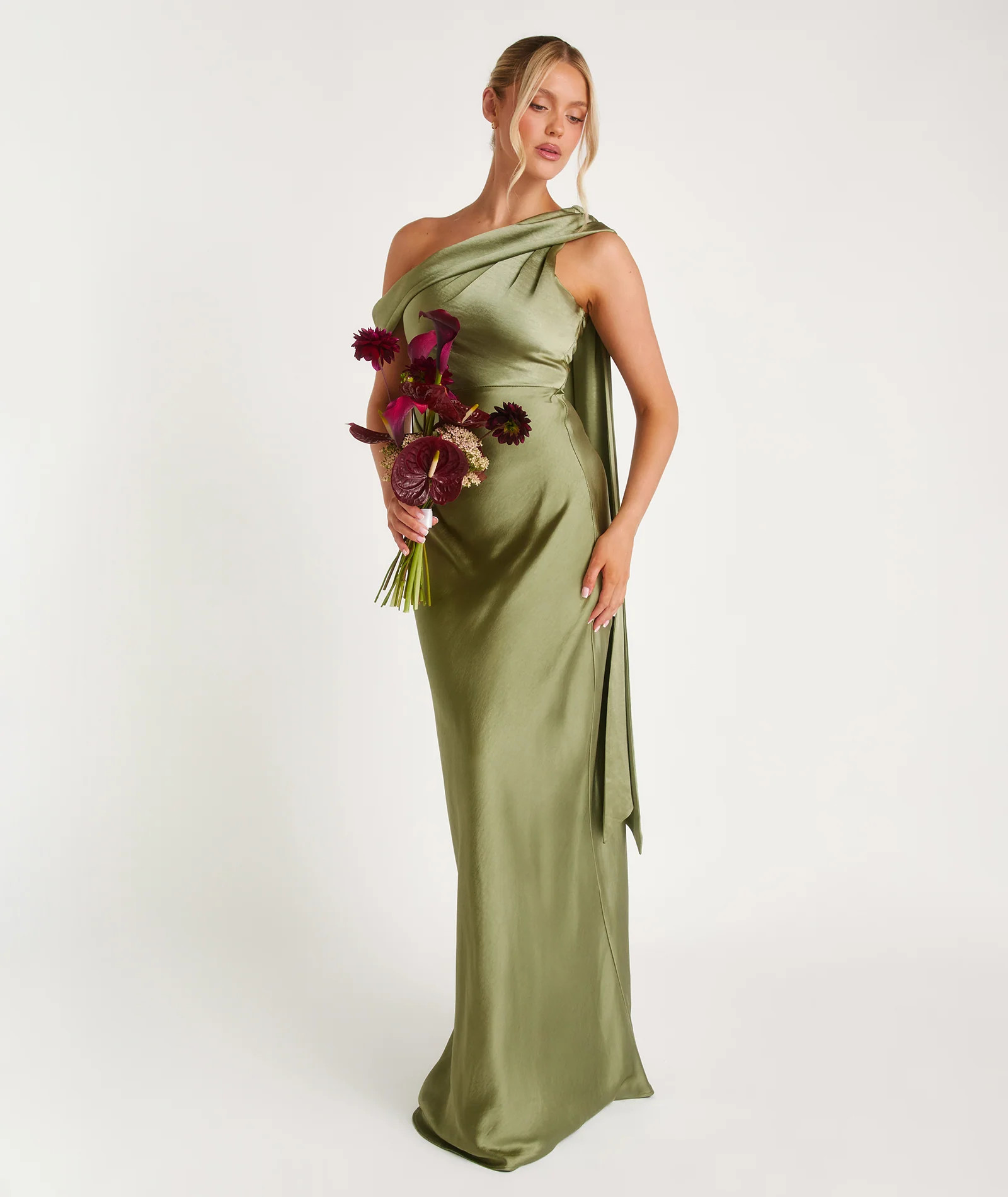 One Shoulder Drape Satin Bridesmaid Dress - Moss Green | Six Stories