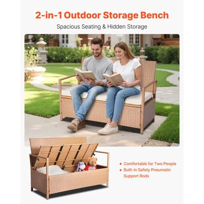 Outdoor Storage Bench, 2-Person PE Rattan Storage Bench, 70 Gal Deck Box With Cushion, Supports Up To 265 Lbs, Weatherproof Outdoor Seating And Porch | Wayfair North America