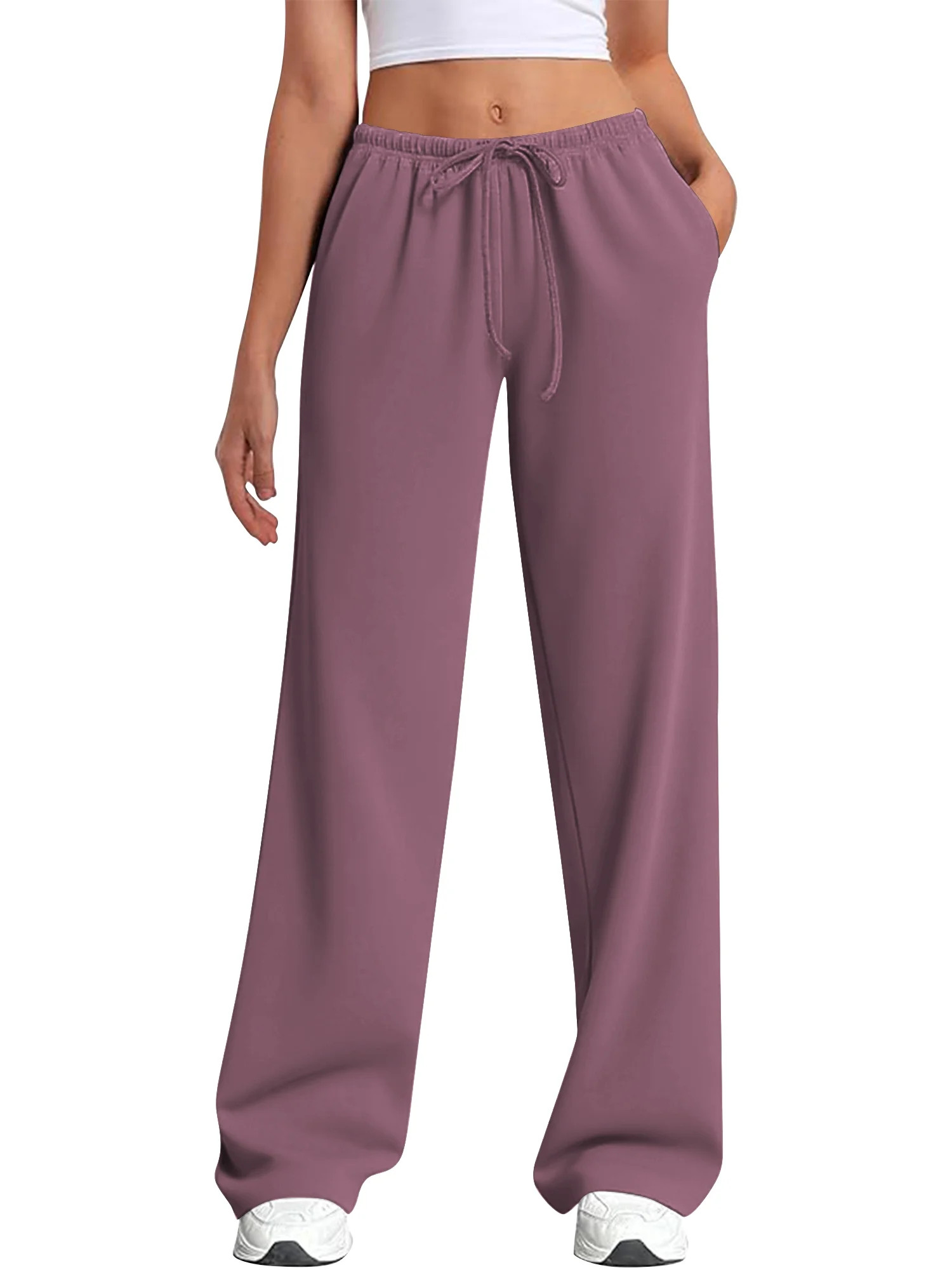 TEMOFON Womens Straight Leg Low rise Sweat Pants Wide Leg Sweatpants Drawstring Elastic Low Waist Pants with Pockets - Walmart.com | Walmart (US)