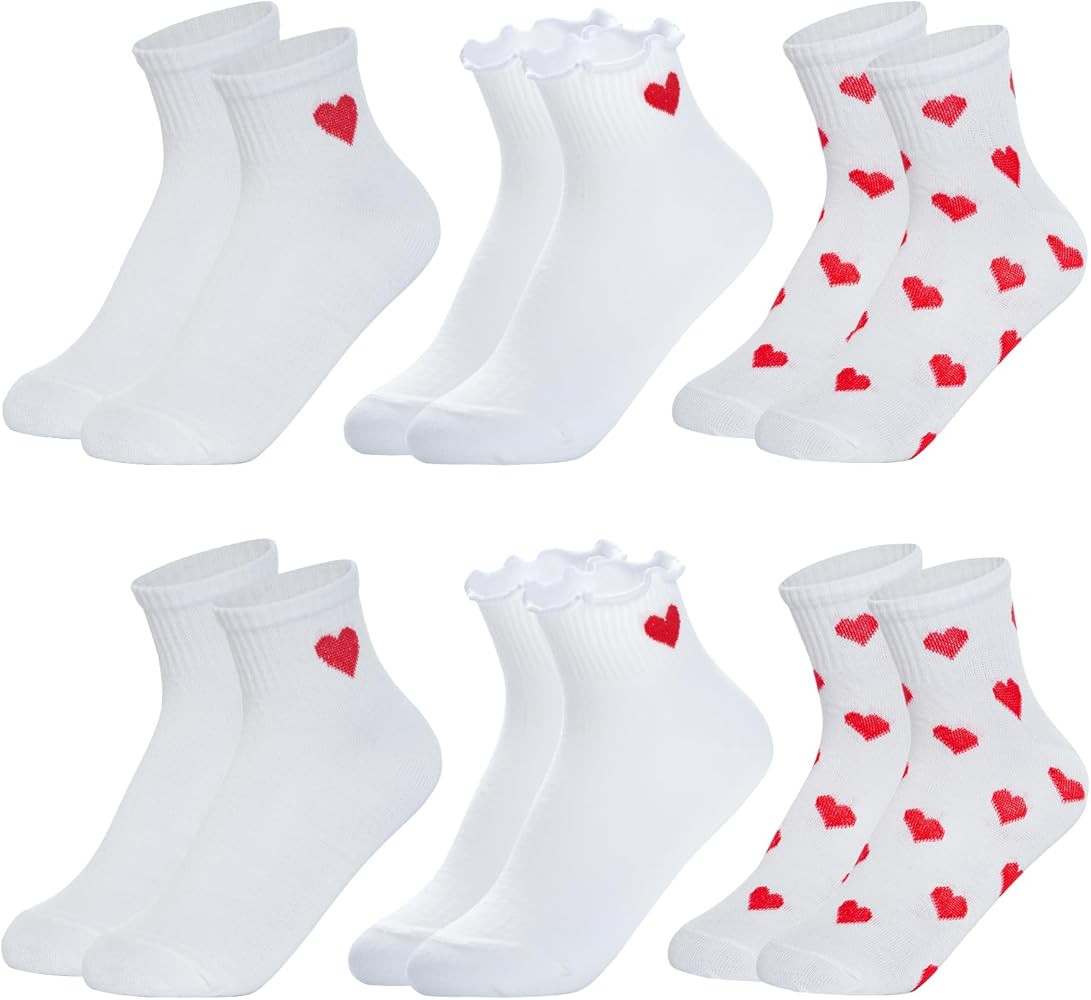 6 Pairs Heart Pattern Ankle Socks Red Heart Ruffle Quarter Socks for Women Girls | Amazon (US)