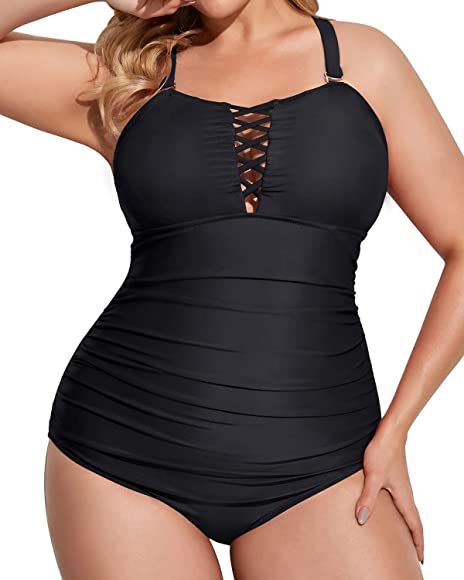 Yonique Women Plus Size One Piece Swimsuits Deep V Neck Tummy Control Bathing Suits Lace Up Swimwear | Amazon (US)