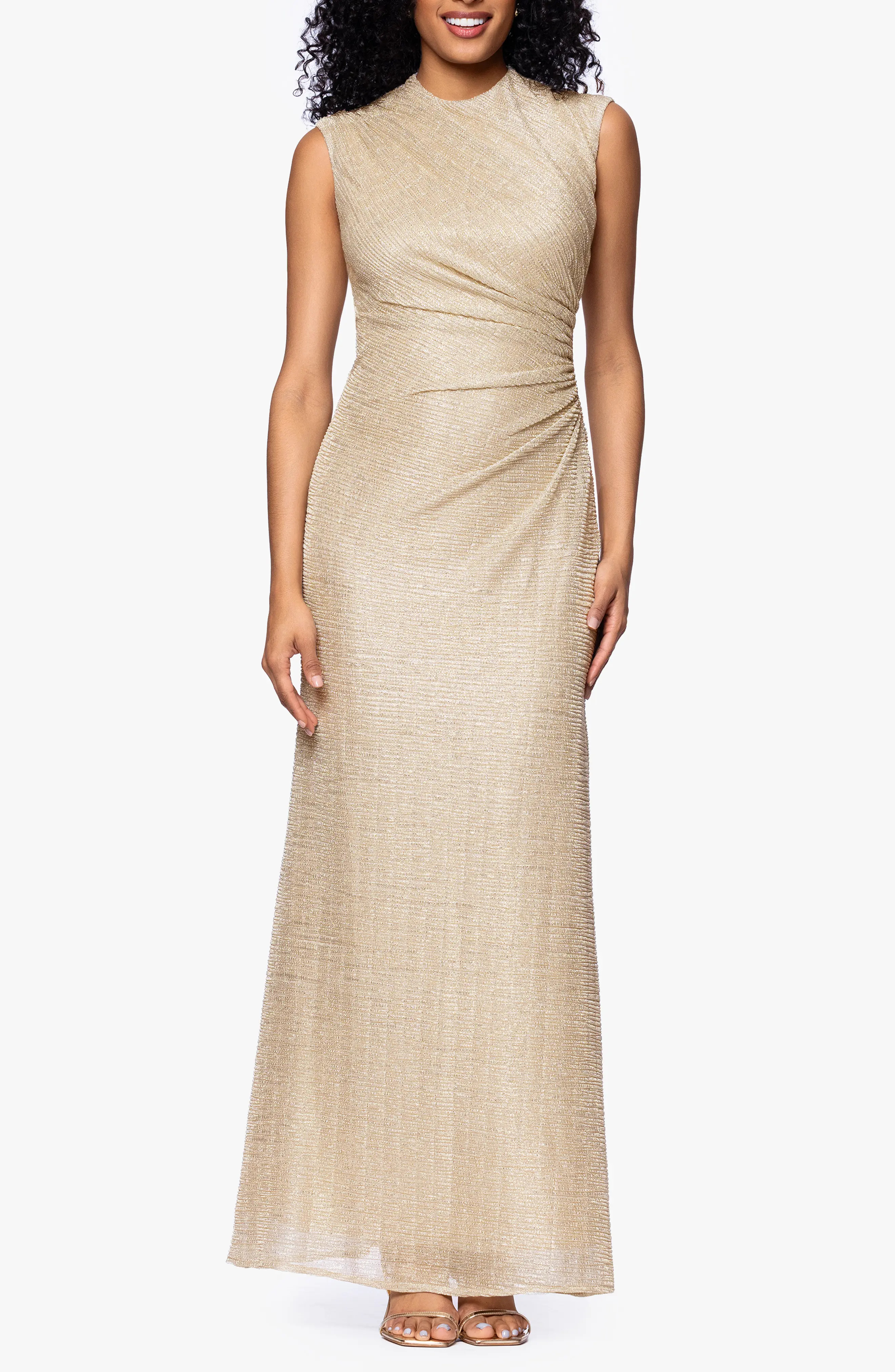 Betsy & Adam Ruched Sleeveless Crinkled Metallic Column Gown (Women) | Nordstrom | Nordstrom