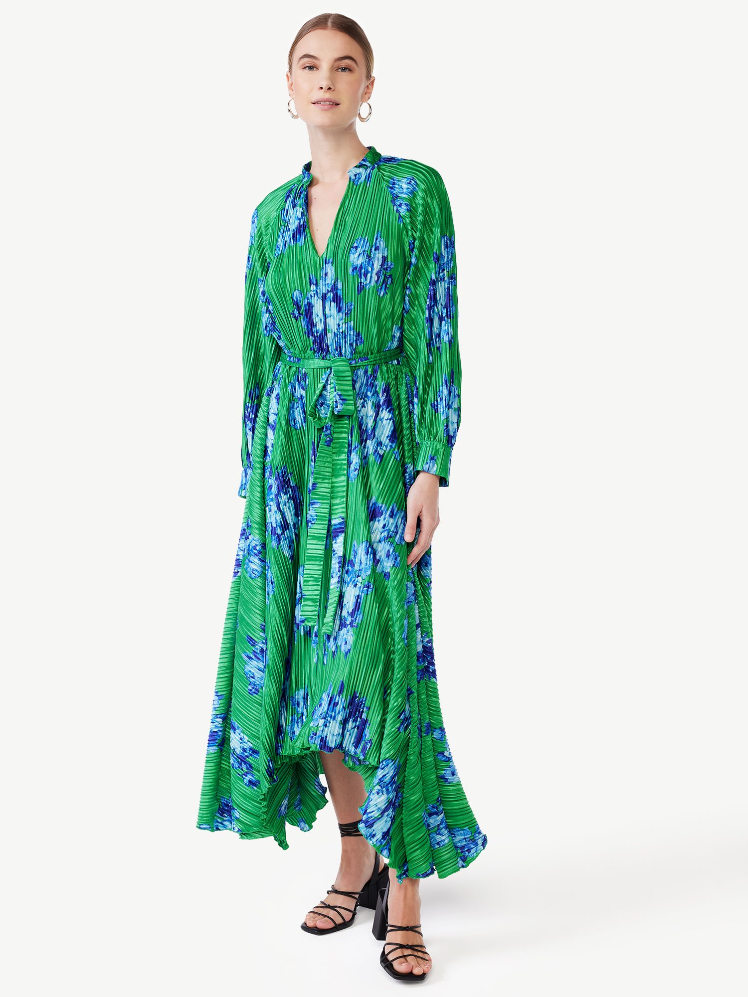 Scoop Women's Pleated Floral Midi Dress with Handkerchief Hem, Sizes XS-XXL | Walmart (US)