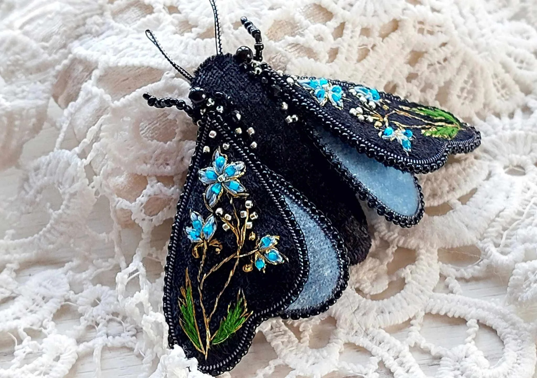 Black Moth Brooch Blue Floral Custom Insect Pin Dark Academia Nature Lover Jewelry Gift | Etsy (Global)