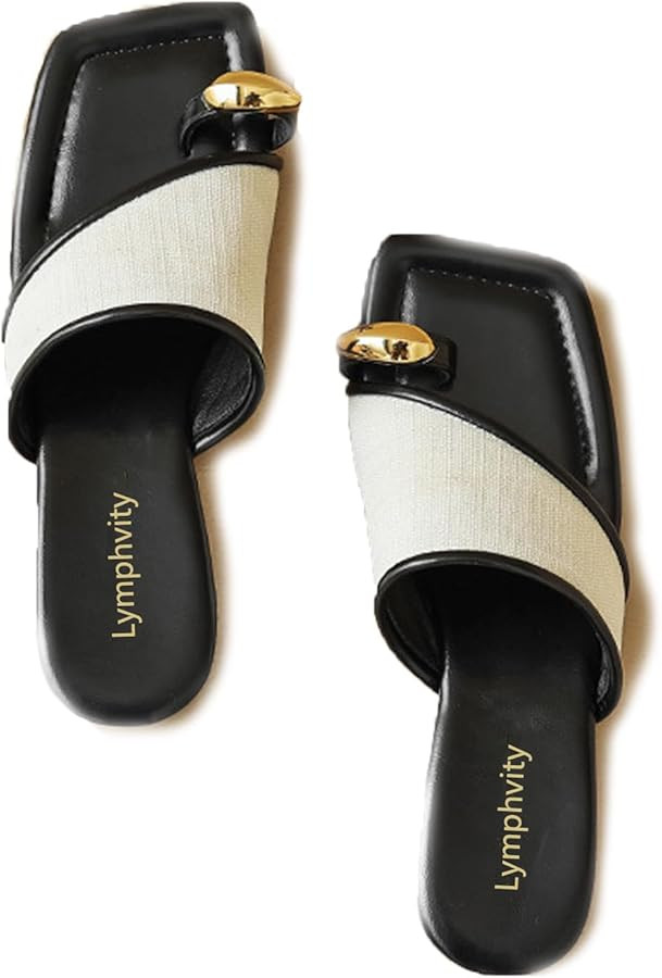 Lymphvity Women's Ring Toe Metal Flat Sandals Summer Slip-on Square Open Toe Non-Slip Beach Flats... | Amazon (US)