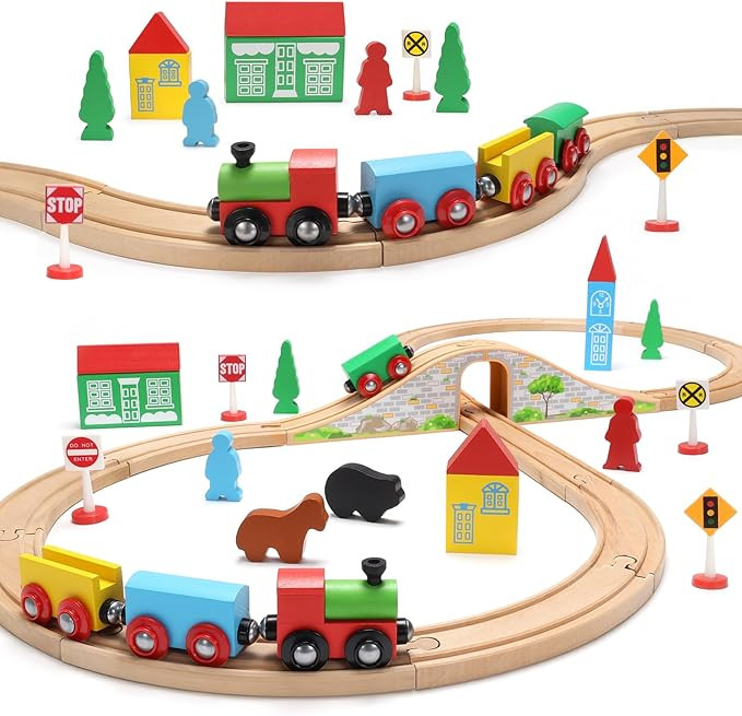 SainSmart Jr. Wooden Train Set for Toddler with Double-Side Train Tracks Fits Brio, Thomas, Melis... | Amazon (US)