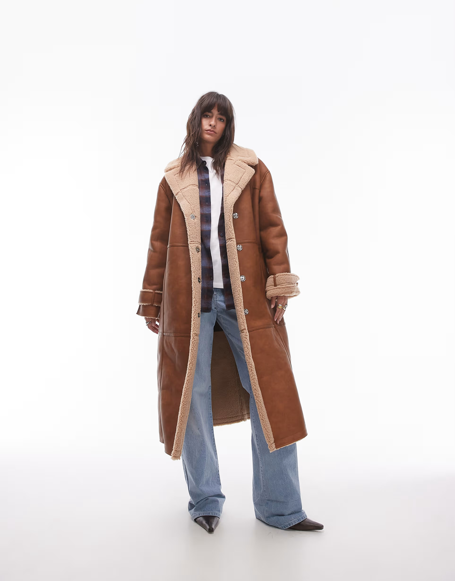 Topshop faux leather shearling long aviator jacket in tan | ASOS (Global)