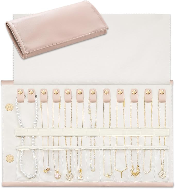 Lolalet Travel Necklace Organizer, Foldable Jewelry Case, Pink, 12 Slots | Tangle-Free, Roll Up, ... | Amazon (US)