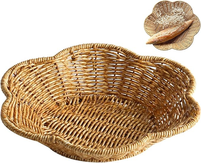 Rattan Serving Tray 10 Inch Woven Tray Flower-Shaped Shallow Scalloped Basket PE Storage & Servin... | Amazon (US)