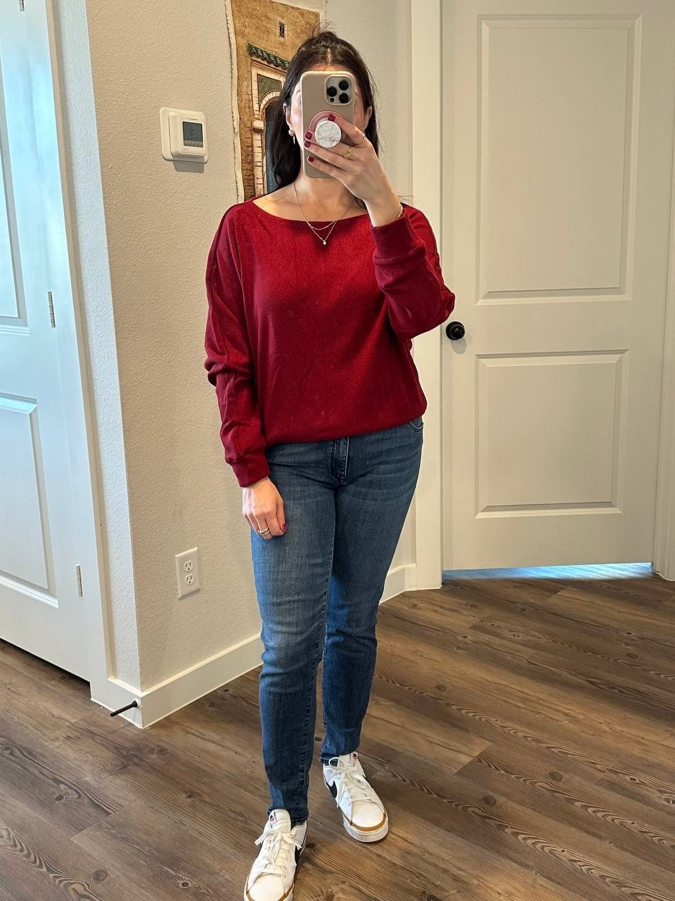 This is the same sweater I posted yesterday but I’m the perfect red shade! This sweater with a slip skirt or bootcut jeans and heels would be so cute for a holiday party or dinner. It’s so soft and can be worn off the shoulder  

#LTKHoliday #LTKCyberWeek #LTKMidsize