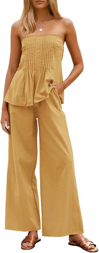 Tankaneo Womens 2 Piece Outfits Summer Strapless Tube Tops Wide Leg Pants Cotton Vacation Pleated... | Amazon (US)