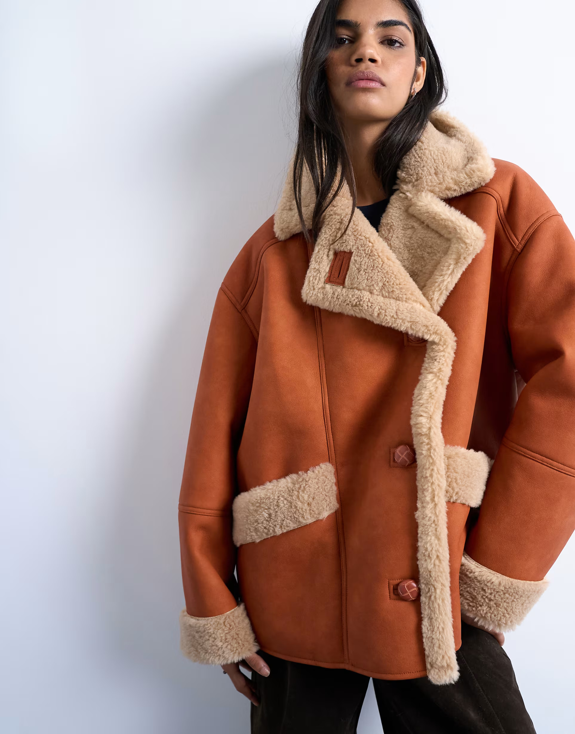 Topshop faux shearling super oversized car coat in tan and cream | ASOS (Global)