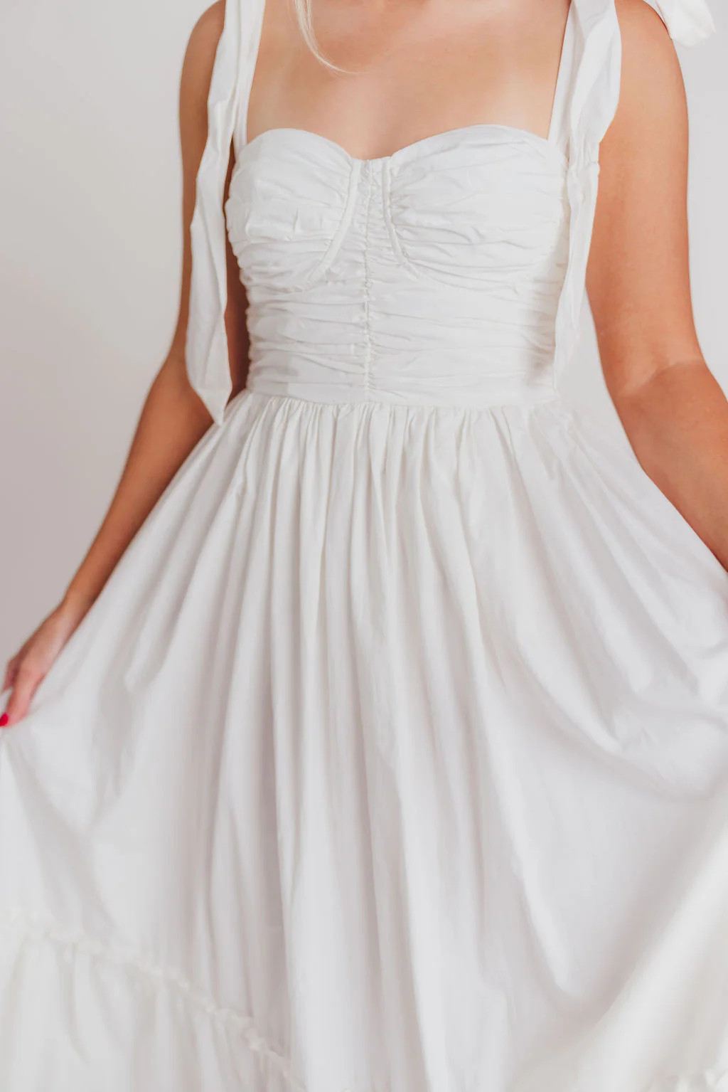 Thalia Ruched Midi Dress with Tie Shoulder in White - Bump Friendly | Worth Collective