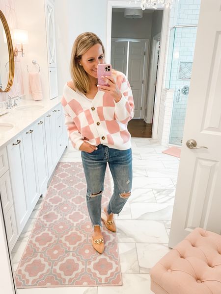 Cozy pink checkered cardigan. Distressed denim jeans. White bodysuit and tan mules. Everything is true to size. The best fall outfit. A must in your fall sweaters. 

#LTKfindsunder50 #LTKSeasonal #LTKxPrime