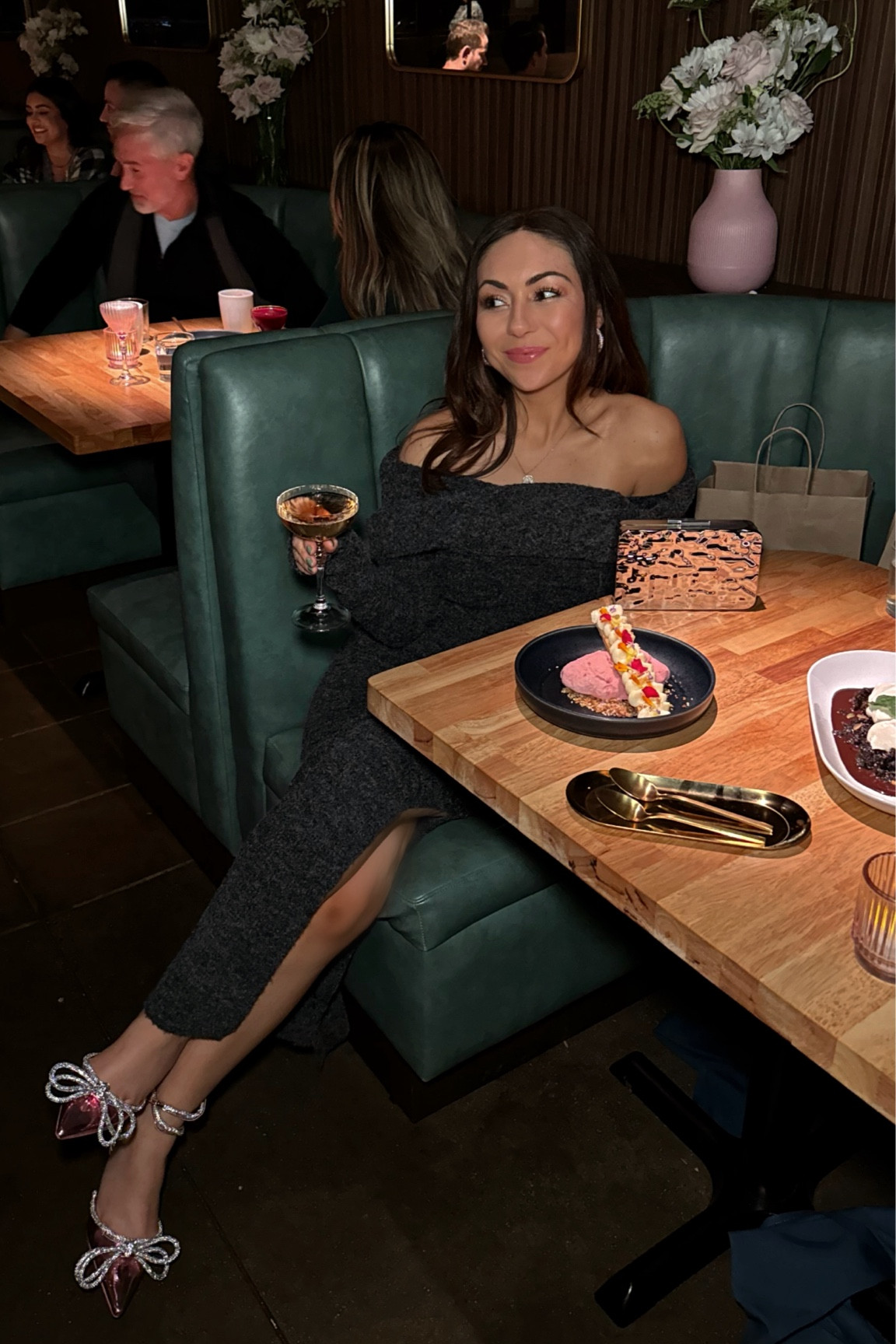 Off the shoulder sweater dresses and glitter bow heels every day this Holiday season 🧶 topshop off the shoulder sweater dress / public desire glitter bow heels / mango silver clutch 

#LTKstyletip #LTKHoliday #LTKSeasonal