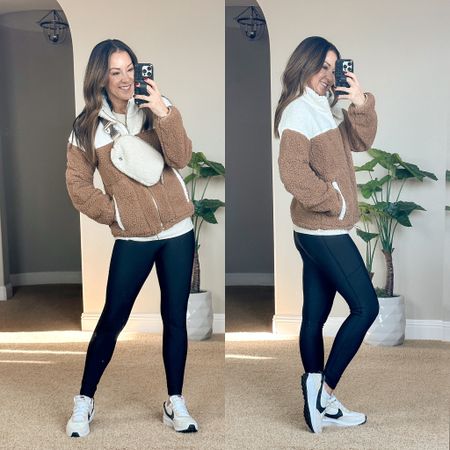 Cozy weekend outfit with this cute & cozy two tone ivory and tan sherpa zip up jacket size xs and 25" fleece lined leggings size xs. long sleeve ee iwth thumbholes in oatmeal heather and sports bra, the best no show socks that stay on your heels! I linked a lookalike sherpa belt bag
And these exact Nike Waffle Debut neutral sneakers in sand drift and similar shoes

#LTKunder50 #LTKfit #LTKstyletip