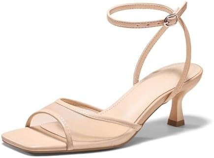 Coutgo Womens Kitten Low Heels Strappy Sandals Mesh Square Open Toe Buckle Ankle Strap Summer Dre... | Amazon (US)