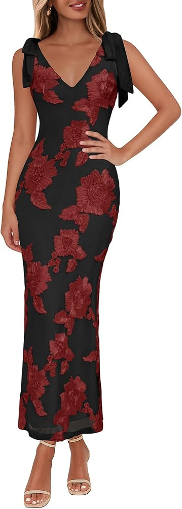 Lazysmile Womens Floral Embroidered Maxi Dress Sleeveless V Neck Tie Strap Ribbon Flower Mesh Par... | Amazon (US)
